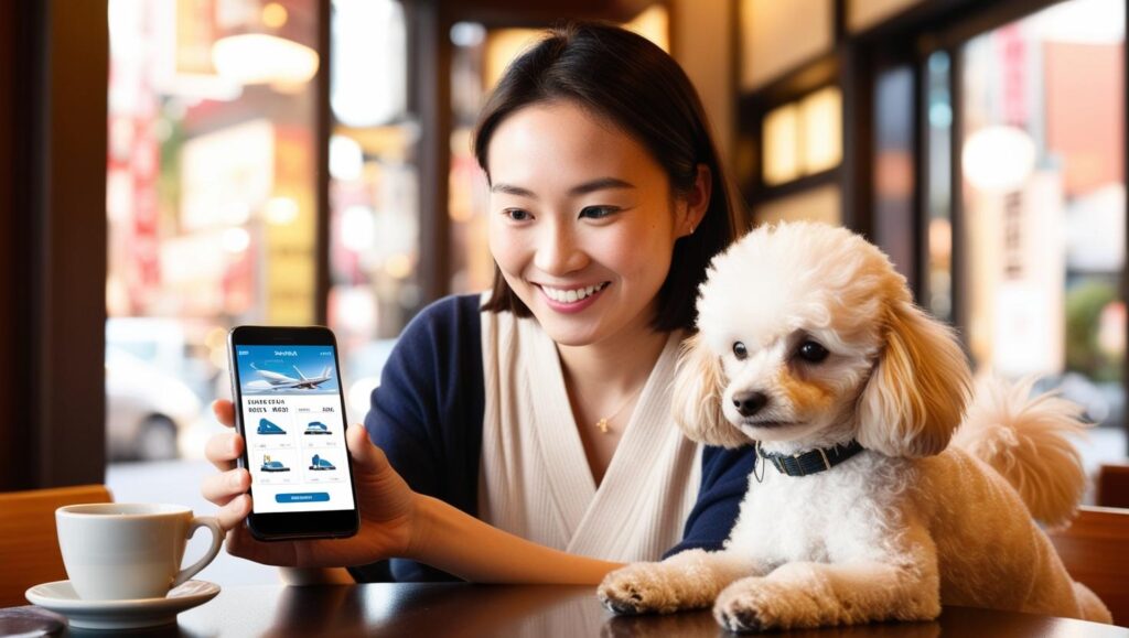 飼い主が犬と一緒に旅行計画を立てている場面（宿の予約や行き先を調べる）